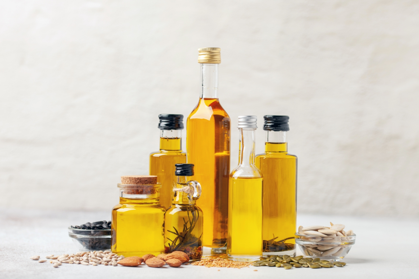 Bottles of olive oil and various other vegetable and nut oils 