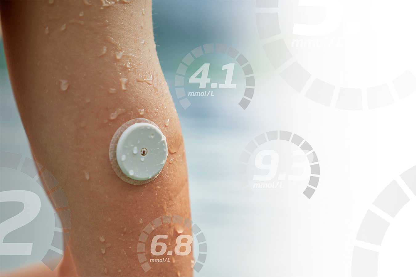 A glucose monitor, in the form of a white disc, on someone's arm