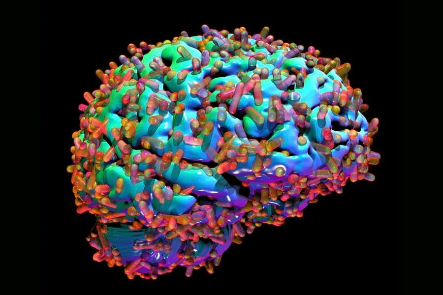 An illustrated depiction of the brain with microbes covering its surface