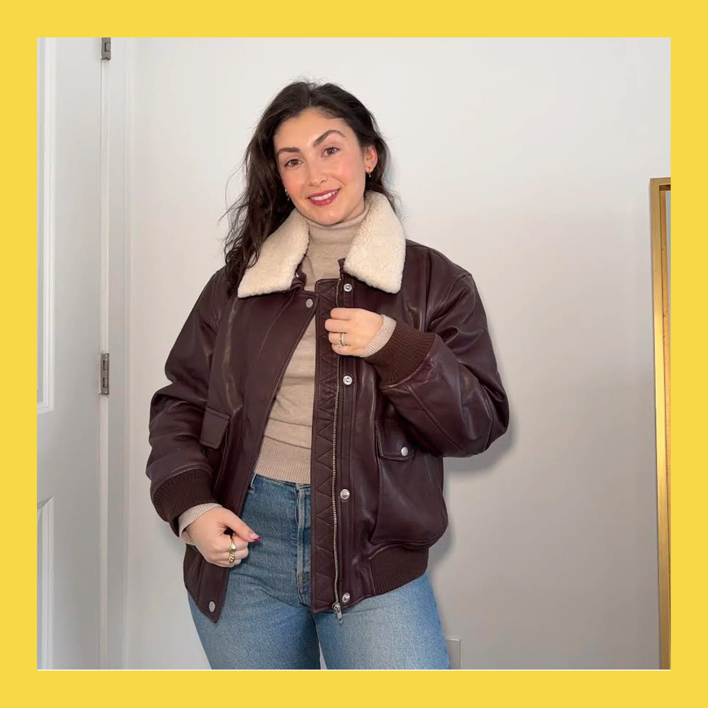 Quince 100% Leather Shearling Trim Aviator Jacke