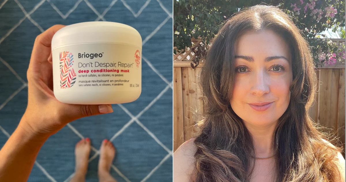 A Side By Side Image of a Hand Holding a Tub of Briogeo's Hair Mask and a Woman's Hair After Using the Mask
