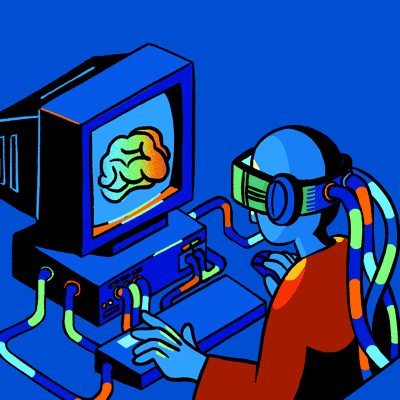 Illustration d’une personne portant un casque de réalité virtuelle et regardant un ordinateur dont l’écran affiche un cerveau.