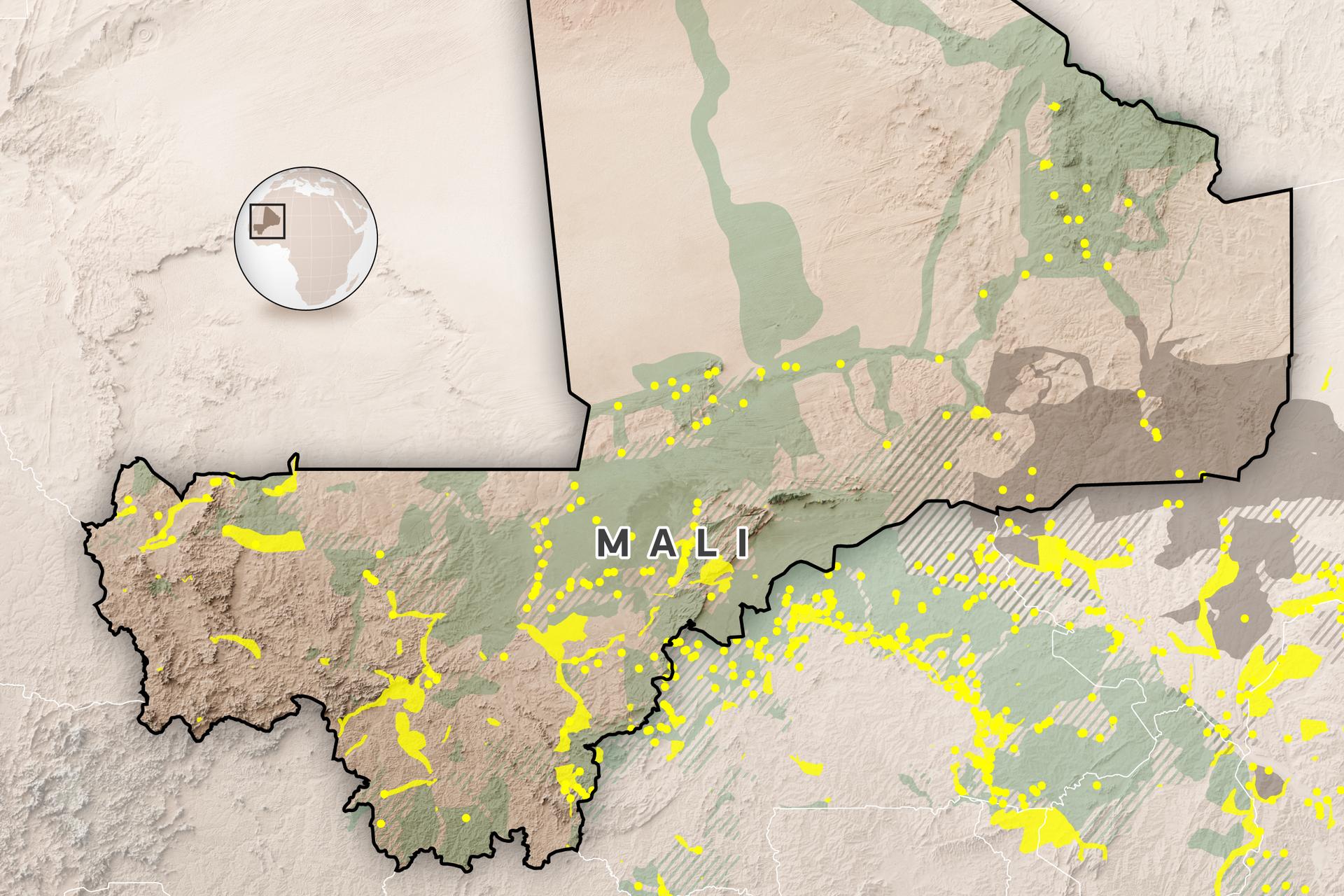 A map of Mali showing the location of violence involving militant groups
