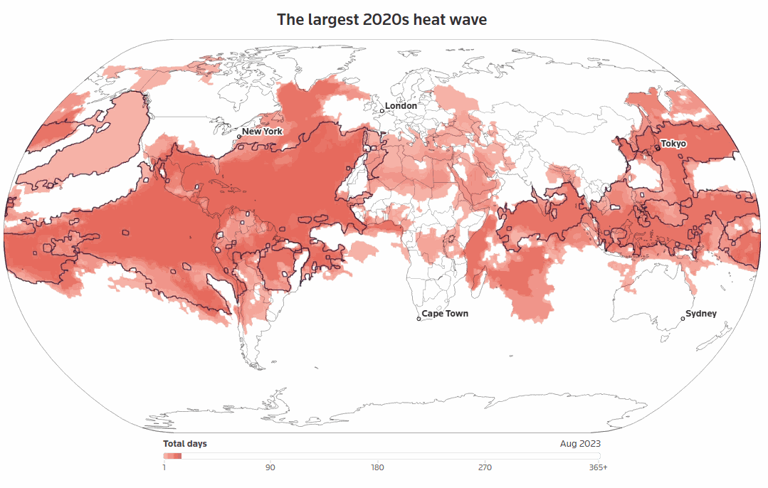 A data visualization of the largest 2020s heat wave across the globe.