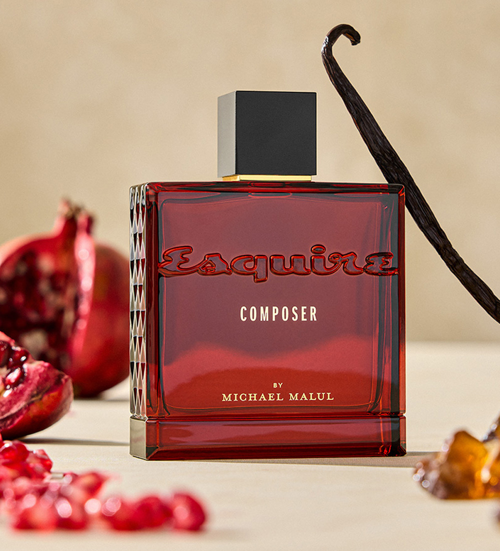 Composer, red cologne bottle 