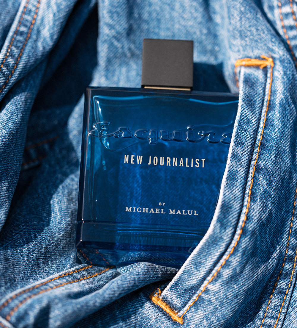 New Journalist, blue cologne bottle 