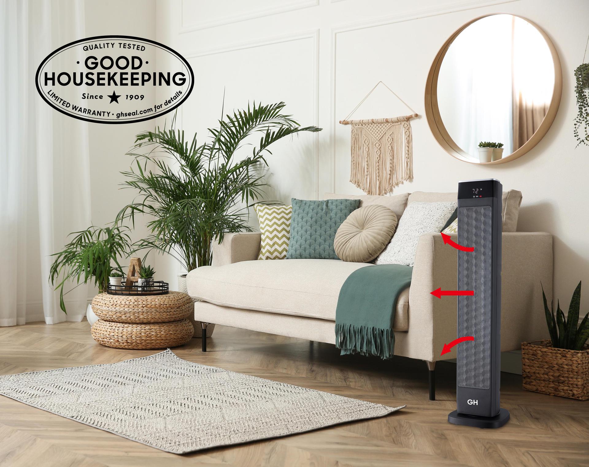 Living room with standing tower heater with Good Housekeeping Quality Tested logo