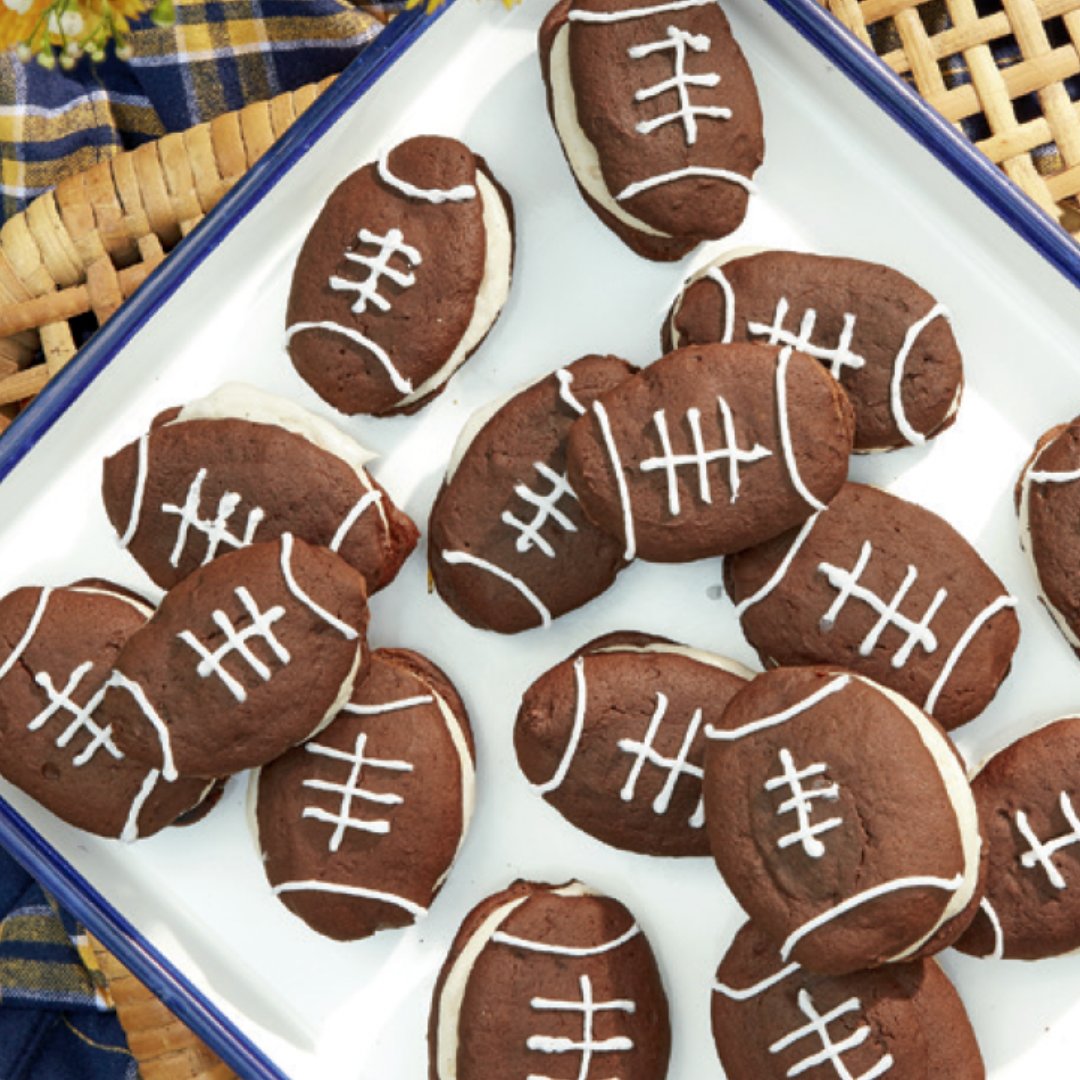 football whoopie pies with cinnamon cream