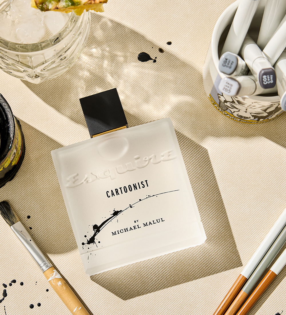 Cartoonist, frosted white cologne bottle 