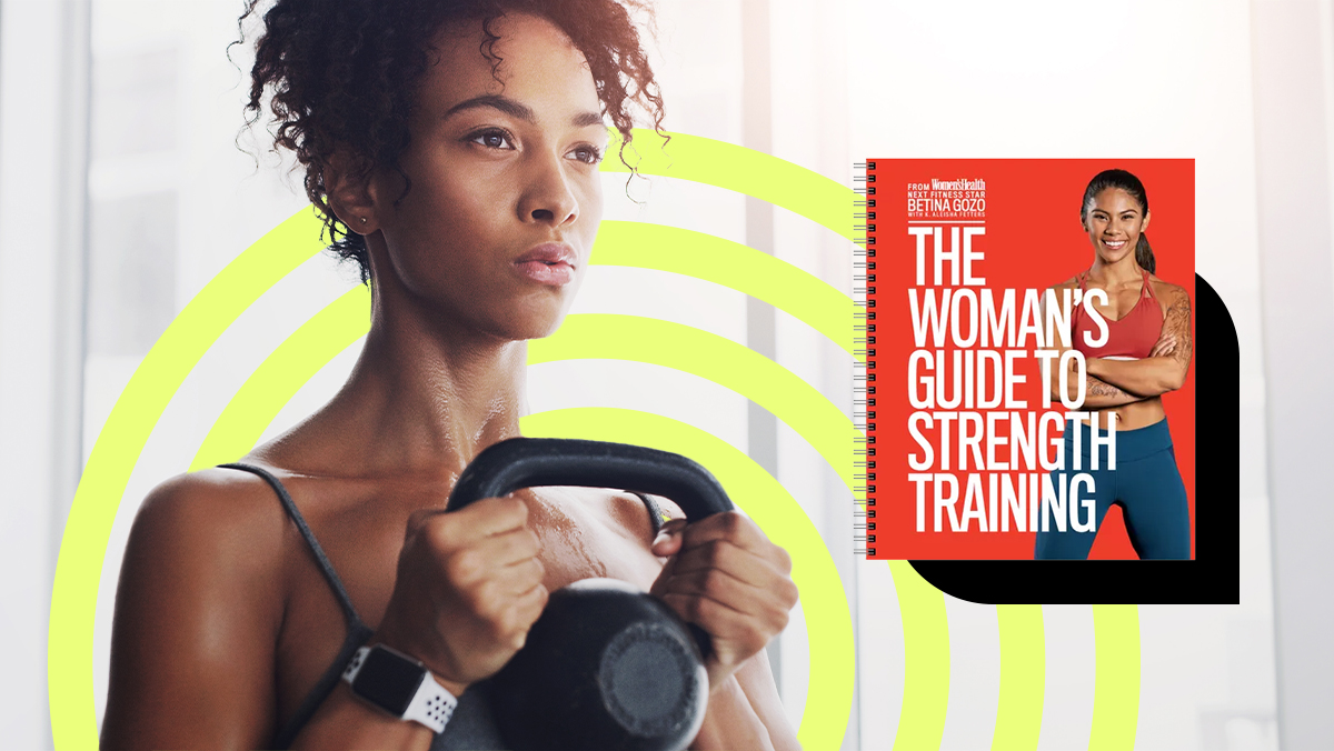 Woman's guide to strength training. Lady holding kettlebell