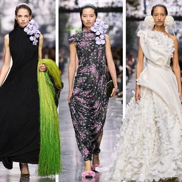 fashion runway with models wearing diverse couture dresses