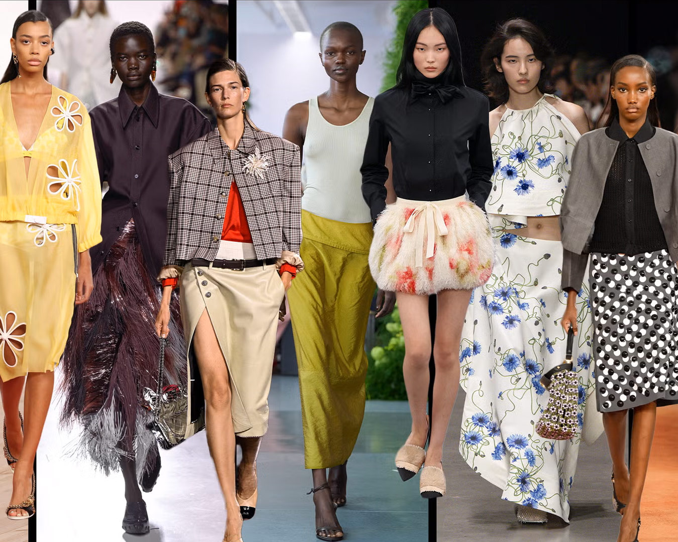 Runway images of models wearing skirts