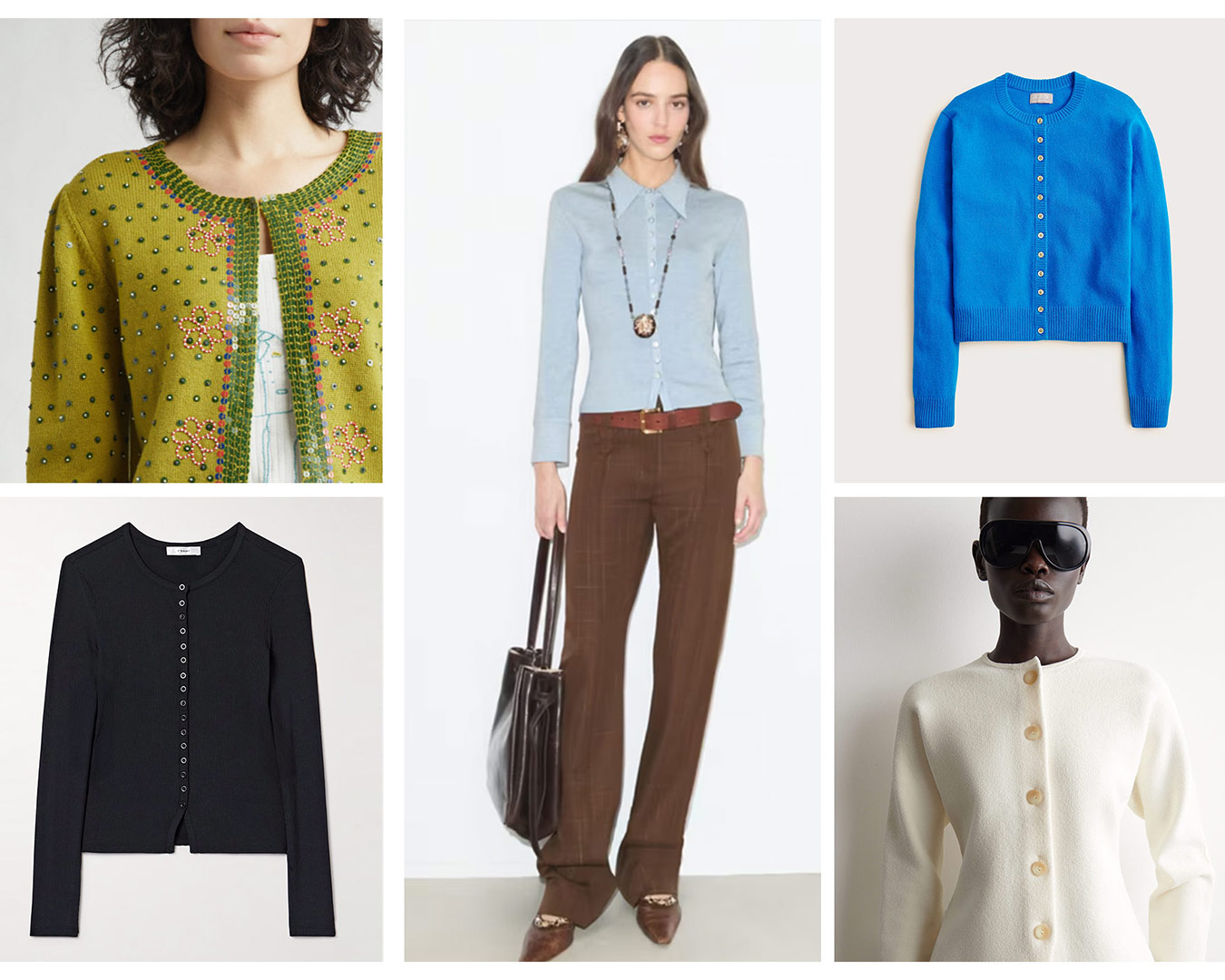 A collage of cardigans and models wearing cardigans