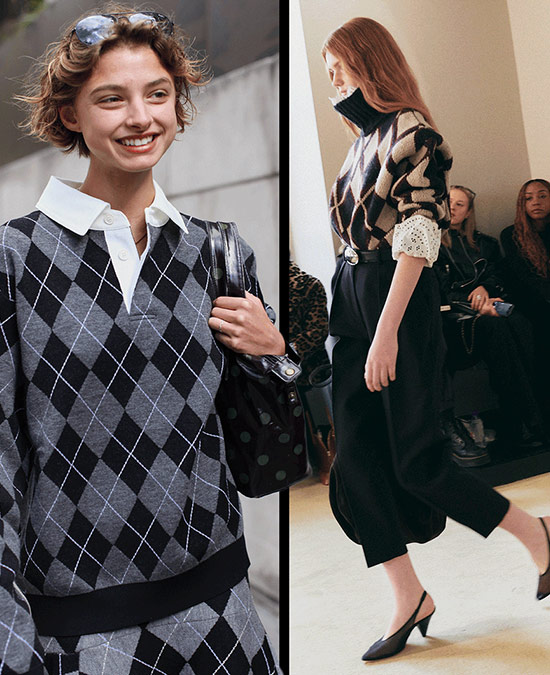 A street style image and a runway model wearing Argyle