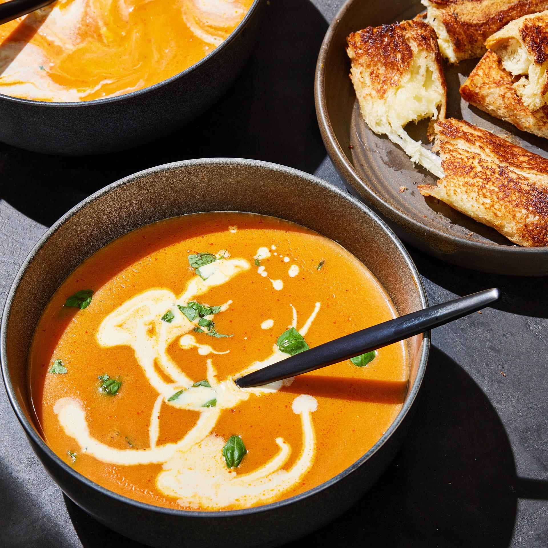 Pumpkin Tomato Soup With Grilled Swiss Cheese Sticks