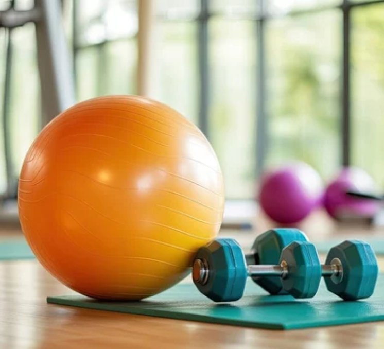 Yoga mat, exercise ball, and dumbbells