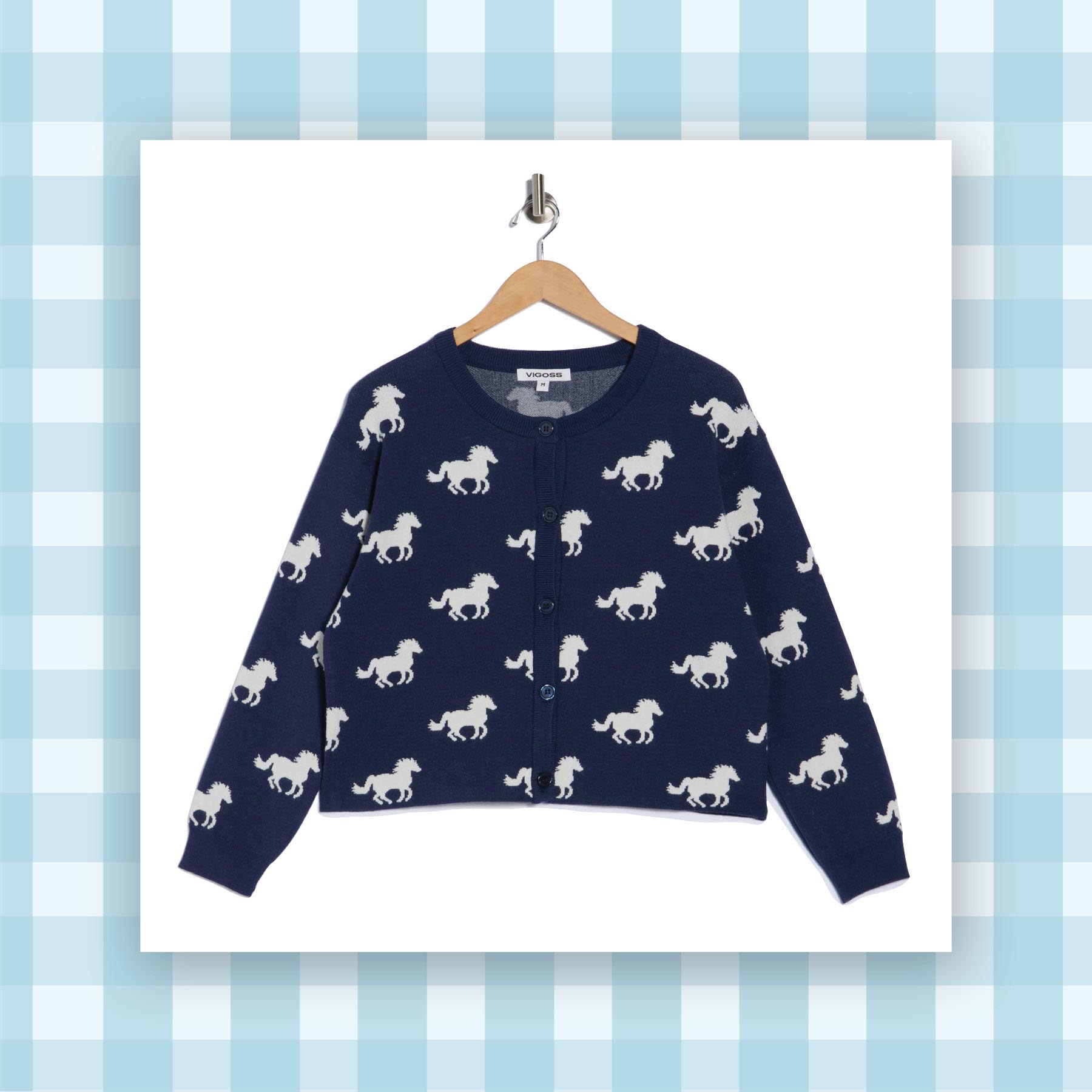 navy cardigan with white horse pattern