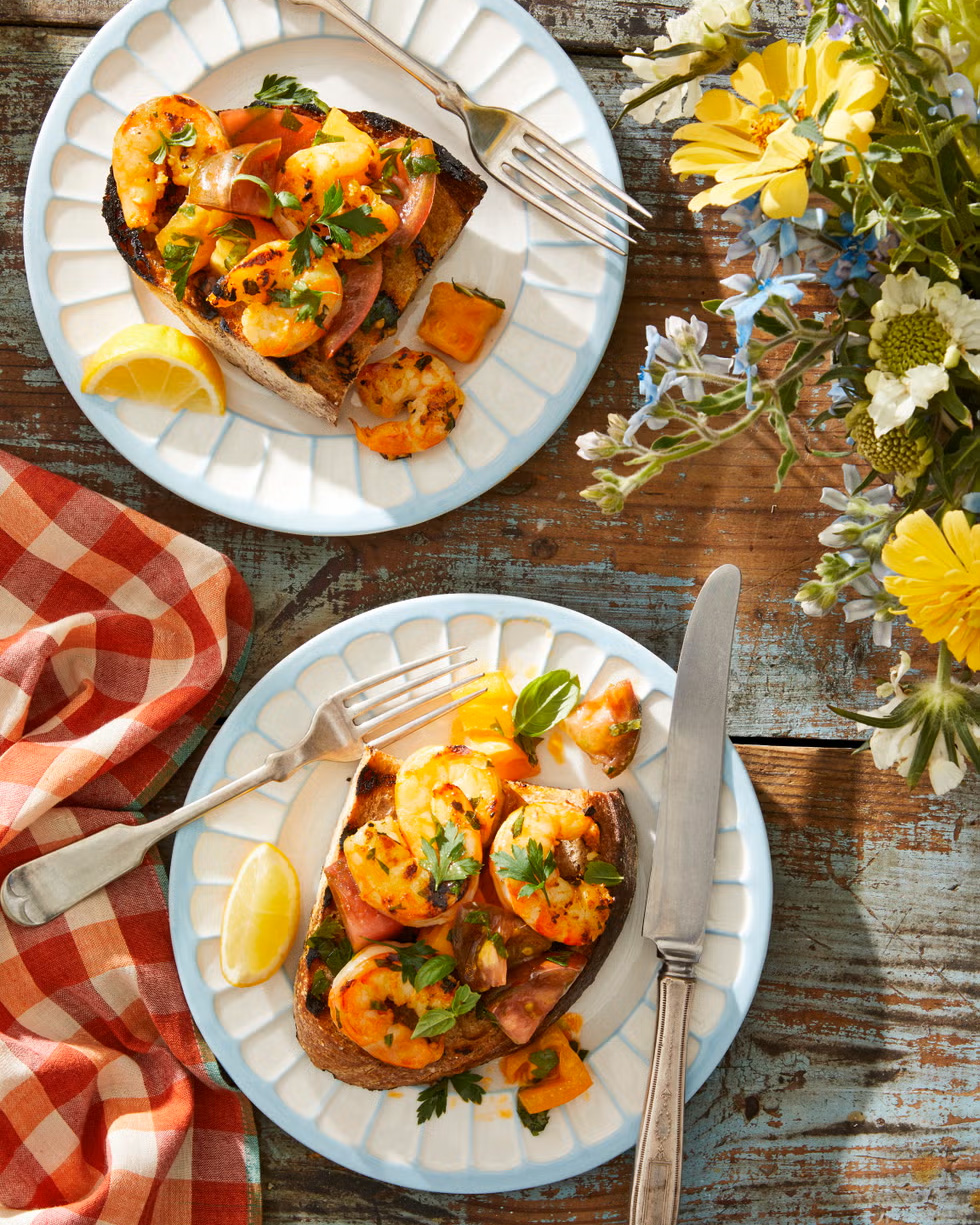 Grilled Tomato and Shrimp Toasts