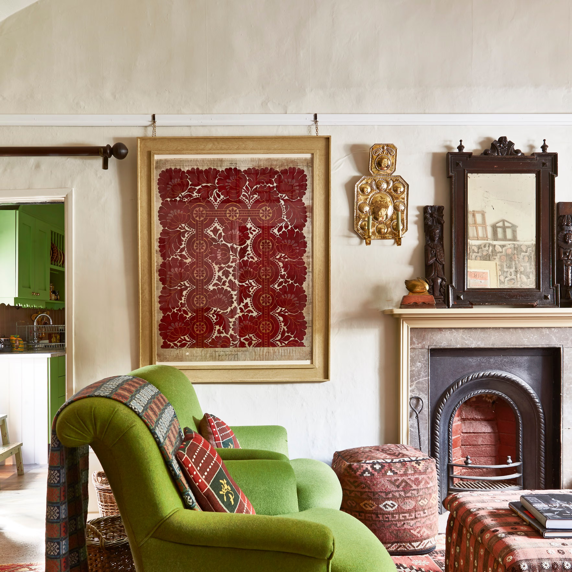small living room with folk art