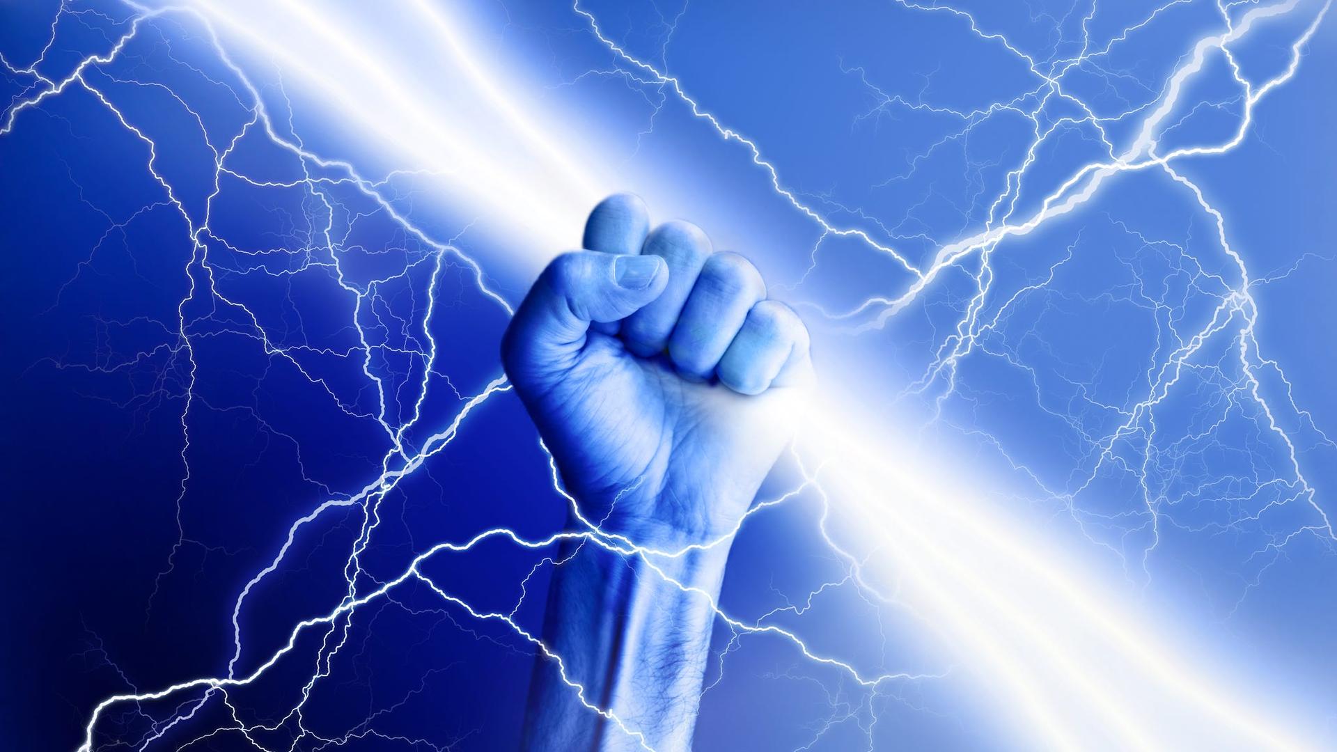 depiction of a hand grasping a bolt of lightning