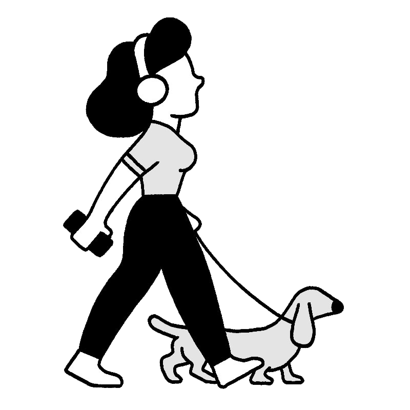 A woman holding her phone, walking her dachshund, and listening to something using over-the-ear-headphones—perhaps a Slate podcast?