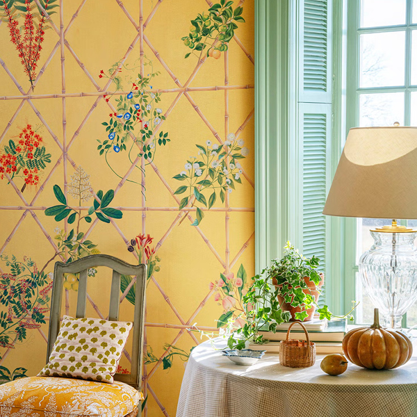 Room with yellow floral wallpaper