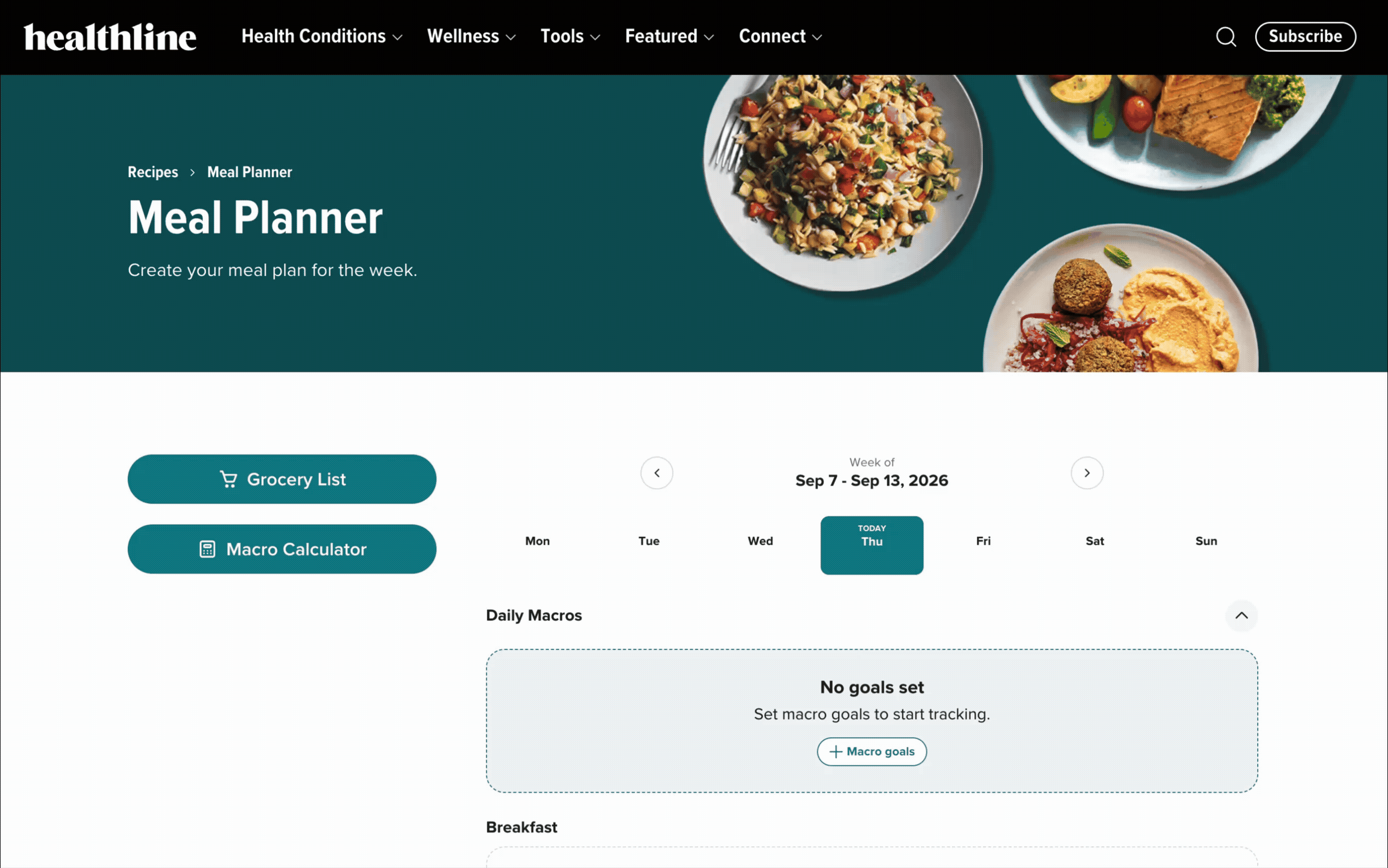The Healthline Meal Planner showing a weekly plan with daily macros and a grocery list
