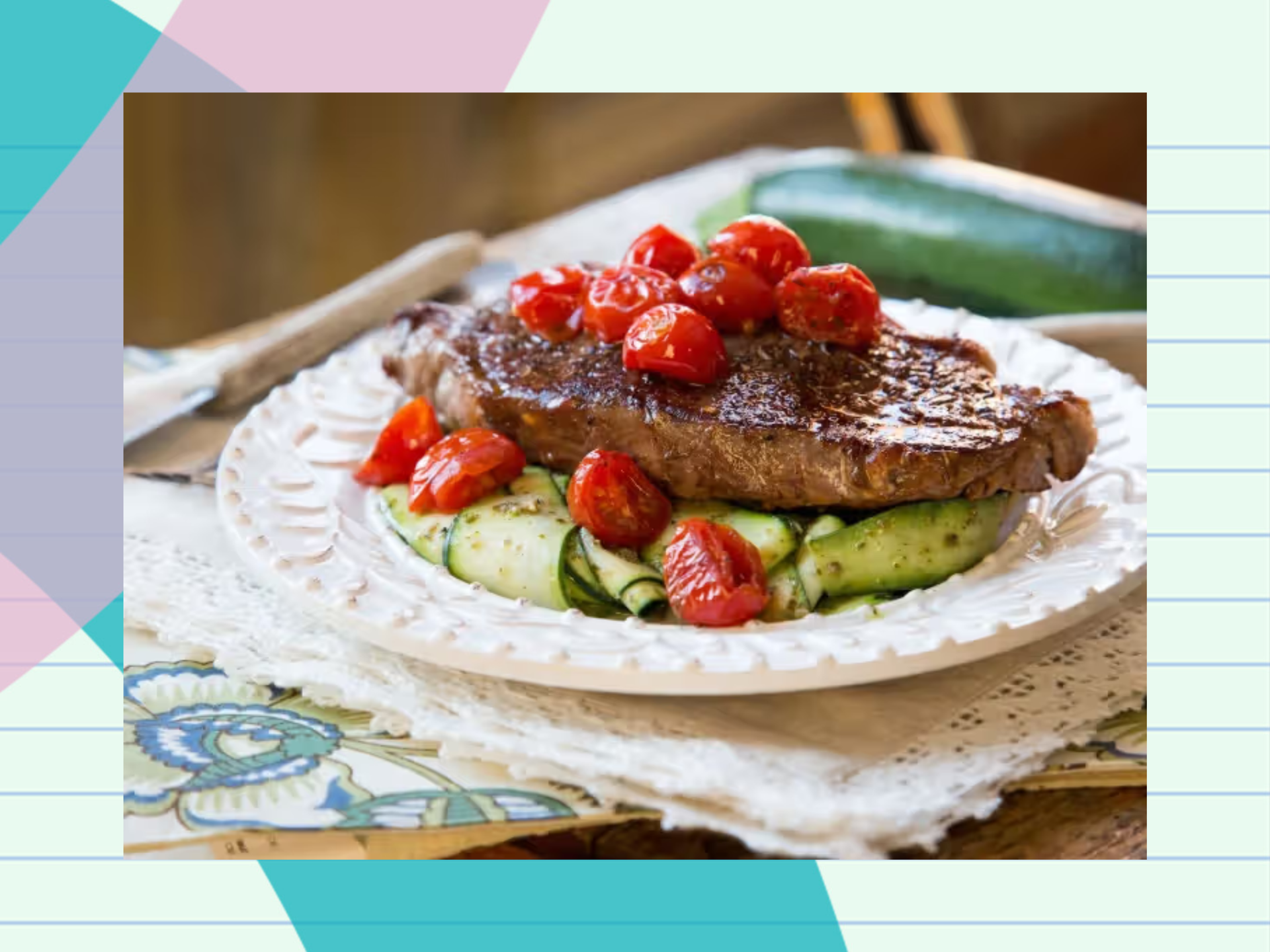 Seared steak salad with fresh basil pesto and raw zucchini salad