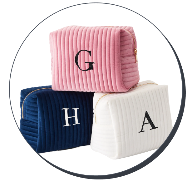 Initial Embroidered Small Velvet Makeup Bag