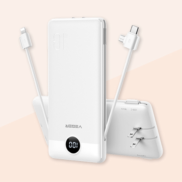 Veger Portable Wall Plug Charger With Built-In Cables