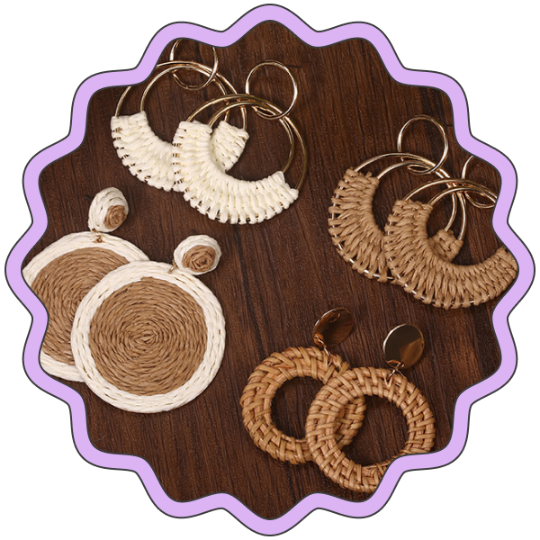 Raffia Rattan Round Drop Earrings (4 Pairs)