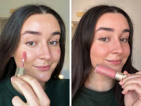 An editor holding Rare Beauty blush and using it