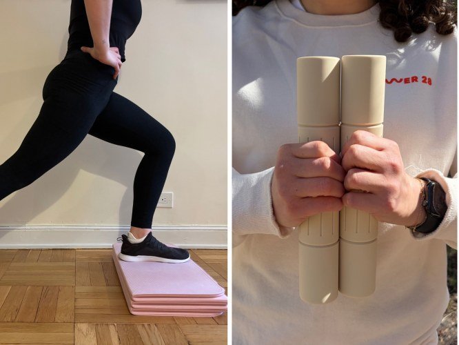 Person using folding yoga mat and weights