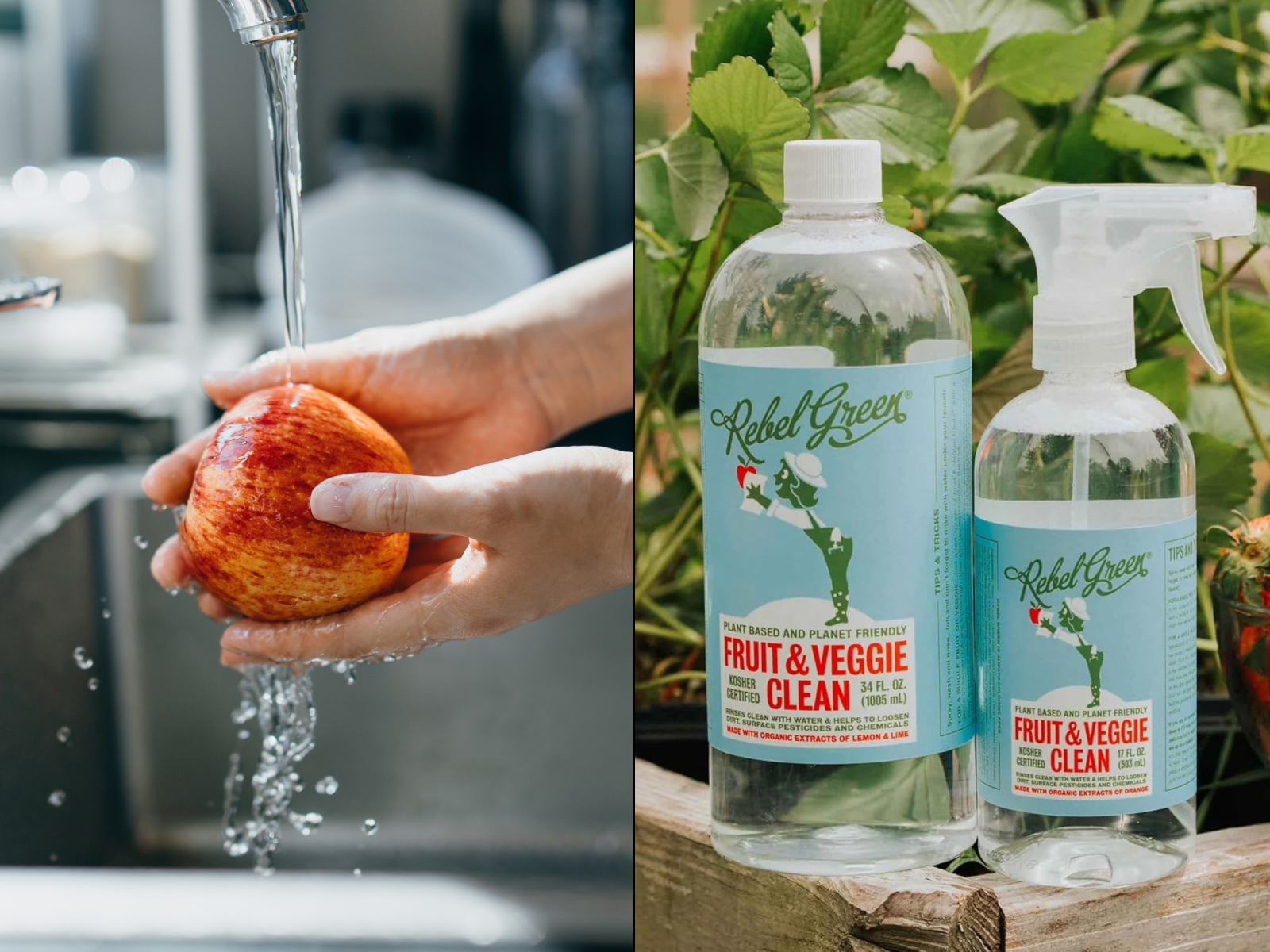 Person washing apple next to fruit and veggie wash
