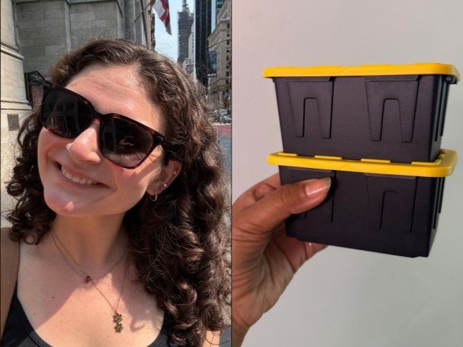 Person wearing sunglasses and person holding storage containers