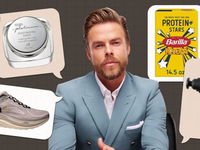 Derek Hough surrounded by pasta, moisturizer, shoes and massage gun