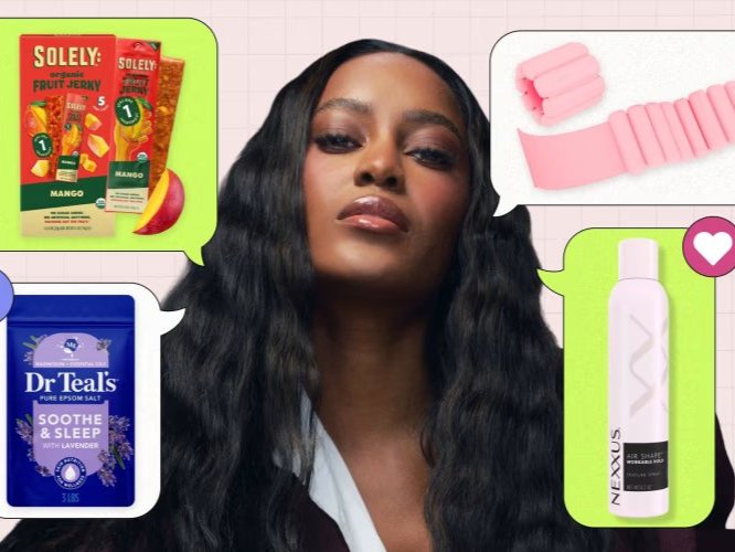 Ciara Miller with products around her