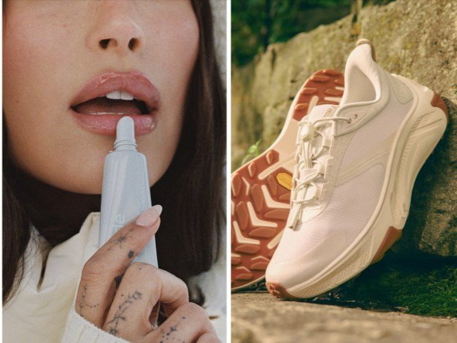 Person putting on lip balm next to a separate image of a white sneaker