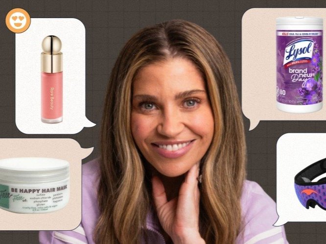 Danielle Fishel surrounded by products