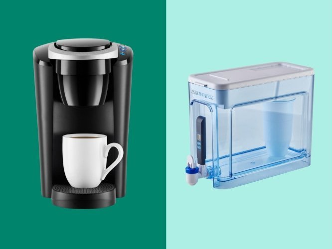 Keurig and Brita water filter on green background