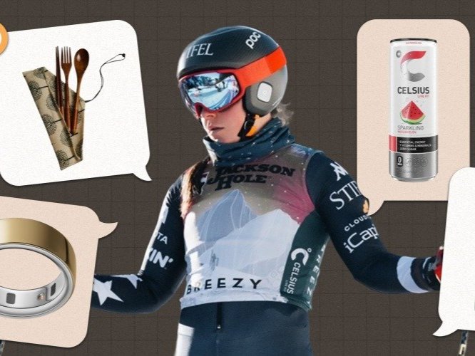 Breezy Johnson surrounded by products she loves