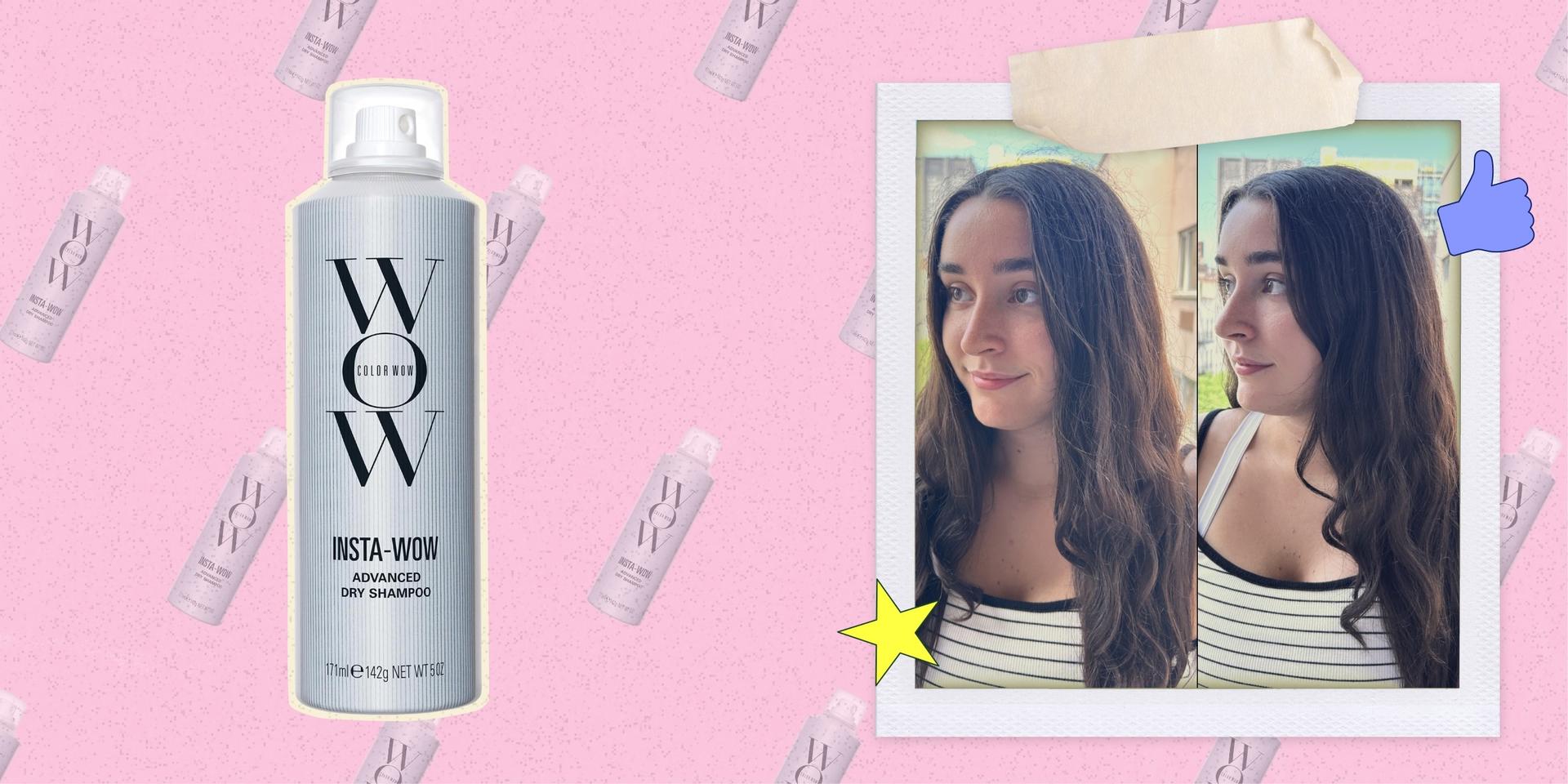 Color Wow dry shampoo next to Caitlin with brown hair before and after using the product