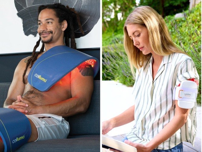 two people wearing red light recovery products on their arms