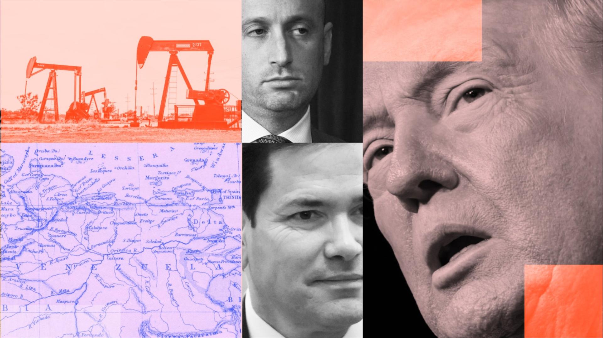 A collage showing Trump, Marco Rubio, and Stephen Miller, overlaying a map of Venezuela
