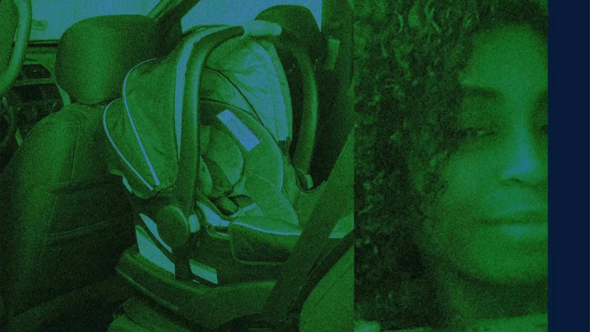 A green graphic showing a child’s seat in a car
