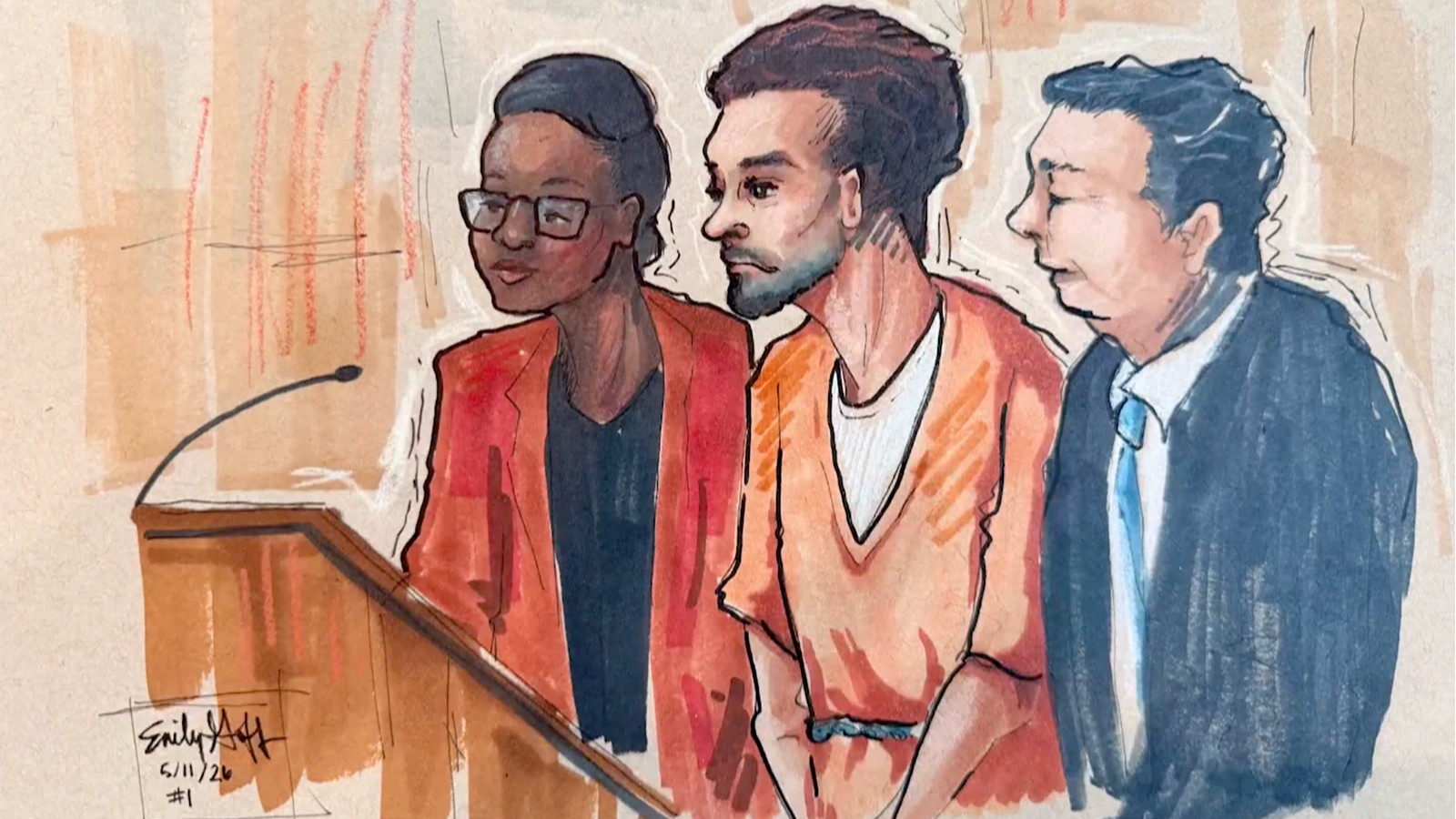 A court drawing of Cole Allen sitting between defense lawyers Tezira Abe and Eugene Ohm 