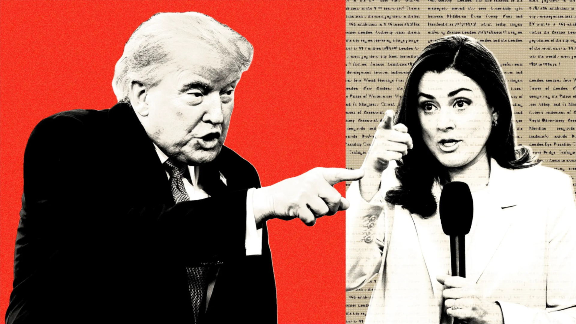 Photoillustration of Donald Trump pointing at Kristen Holmes holding a microphone against a red-and-textured background.
