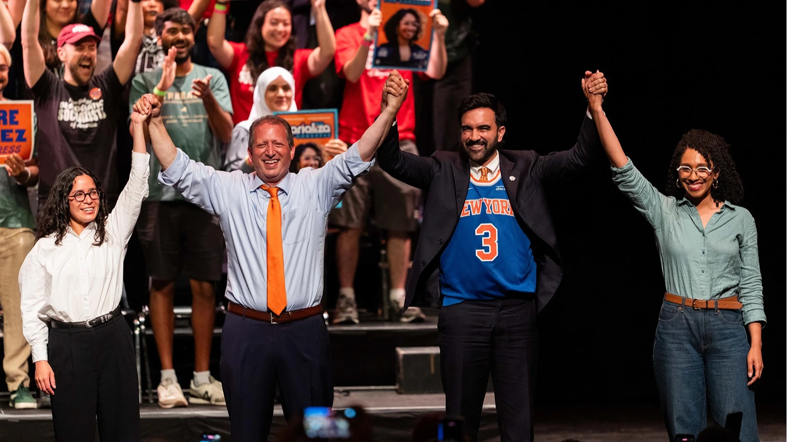 From left: Claire Valdez, Brad Lander, Zohran Mamdani and Darializa Avila Chevalier during a voting rally at Kings Theater in New York City.
