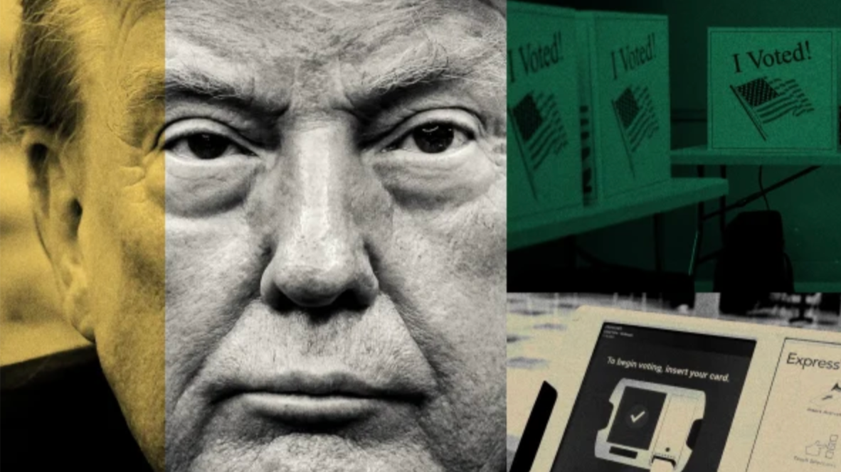 A graphic of President Donald Trump and voting machines