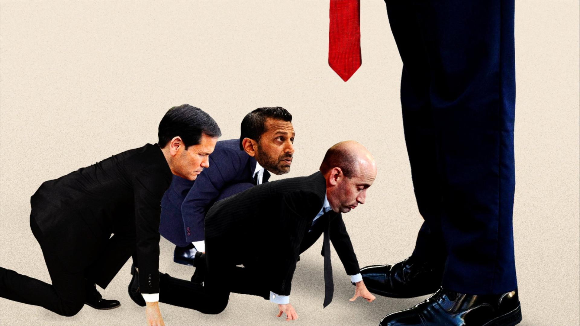 Photo illustration of Marco Rubio, Kash Patel and Stephen Miller crouching at Donald Trump's feet. Donald Trump is wearing a suit with a red tie that goes all the way to his knees